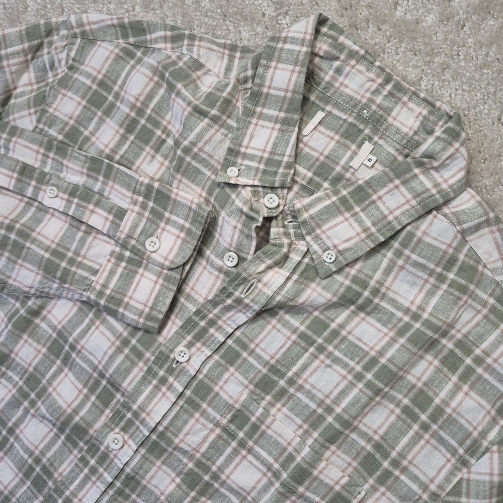 Taylor Stitch Linen Jack Shirt Mens Medium Green Plaid Button Down Beach Coastal